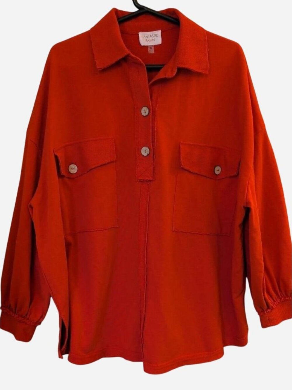 Fantastic Fawn Red Oversized Utility Jacket Size M 100% Cotton Button Front